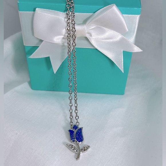 Blue Glitter Sparkle Tulip Flower Floral Necklace Deadstock NEW Minimalist - Picture 1 of 8